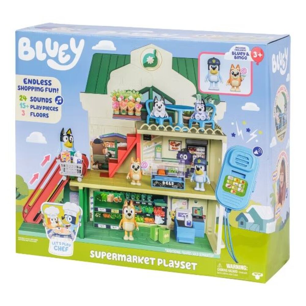 Bluey and Bingo Supermarket Playset with Escalator, 24 Sounds and 15+ Play Piece